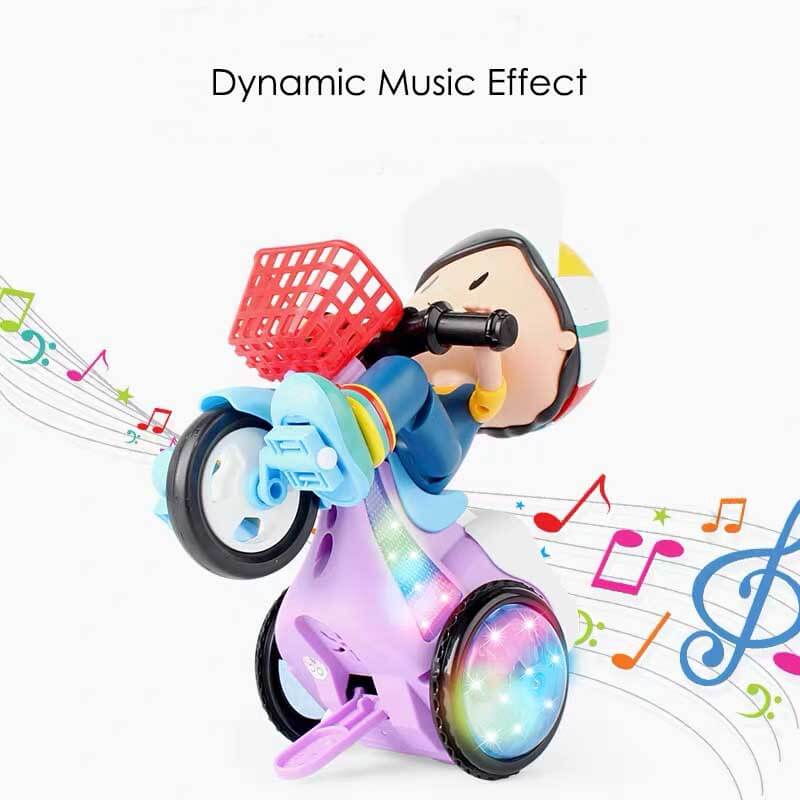 Boy toy stunt tricycle with music and detachable figure, promoting active and creative play