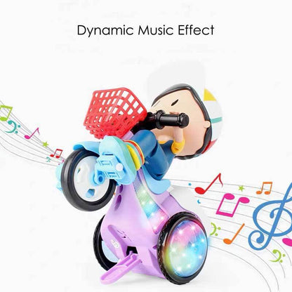 Boy toy stunt tricycle with music and detachable figure, promoting active and creative play