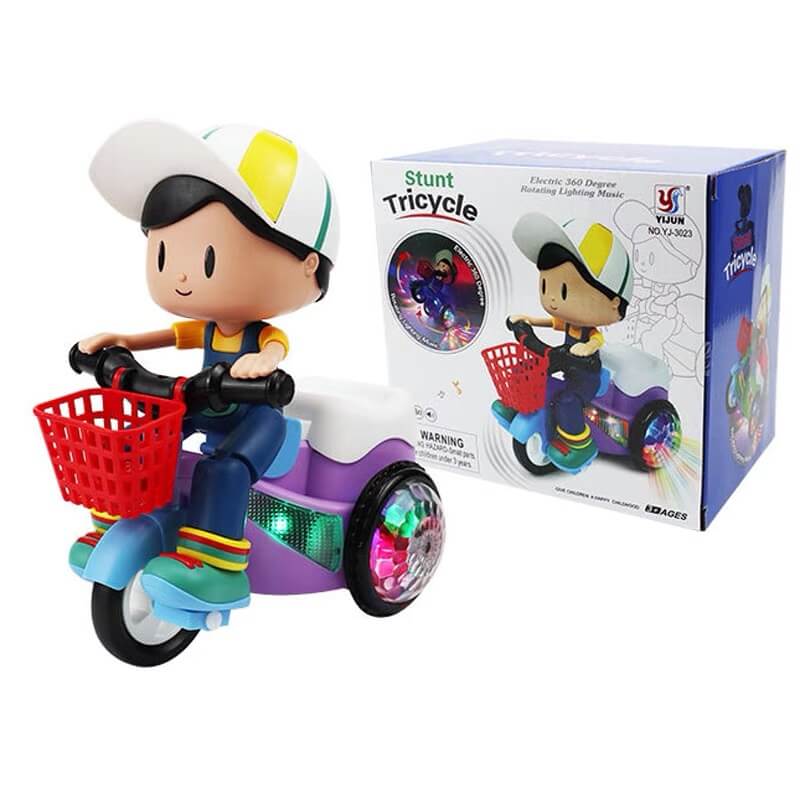 Durable kids stunt tricycle product shot, showing musical features and a detachable rider figure