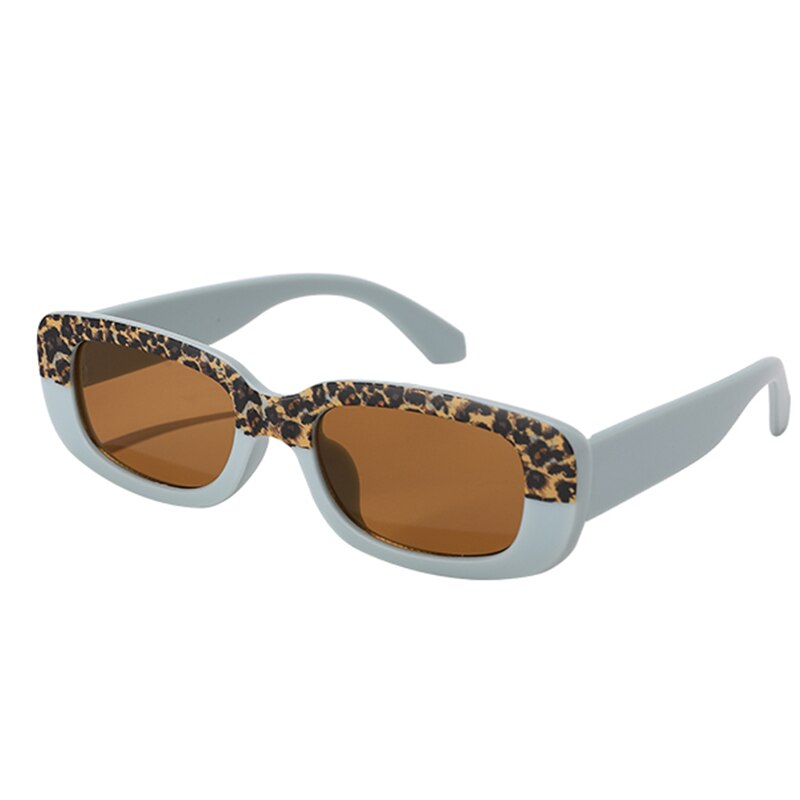 Close-up of kids' rectangle sunglasses, highlighting the UV protection lenses & trendy leopard print design.