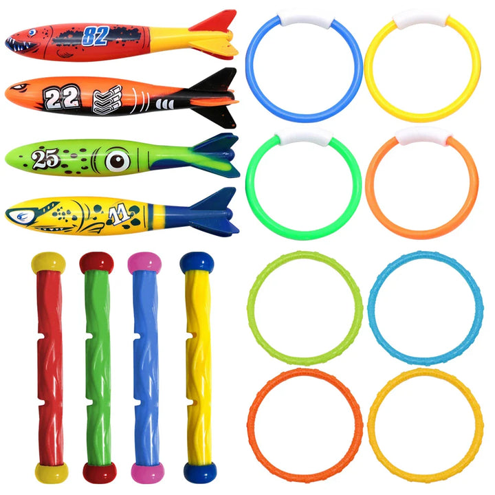 Kids Summer Shark Rocket diving pool toy set in vibrant colors, perfect for water play and diving games.