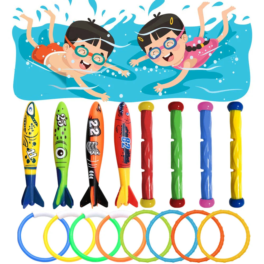 Set of colorful Shark Rocket pool toys, ideal for children's water activities and summer fun.