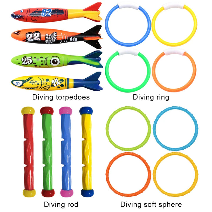 Parents and children enjoying a diving game with Shark Rocket pool toys on a sunny summer day.