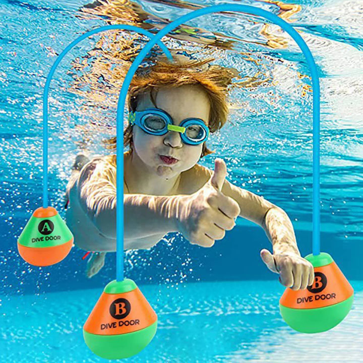 Multiple Shark Rocket water toys floating in a pool, ready for adventurous diving and throwing games.