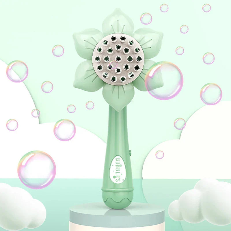 Yellow sunflower bubble machine for kids' bath time or party favor, creating endless bubbles
