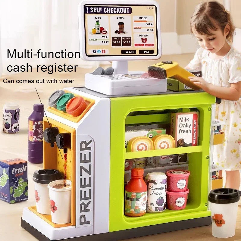 Kids Supermarket Play Set with toy cash register, scanner, food, & shopping cart for imaginative play