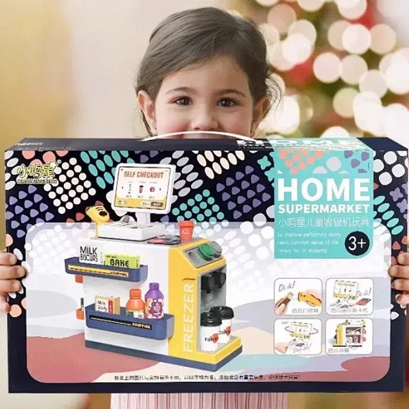 Children role-playing with a comprehensive Kids Supermarket Play Set, including a working toy scanner