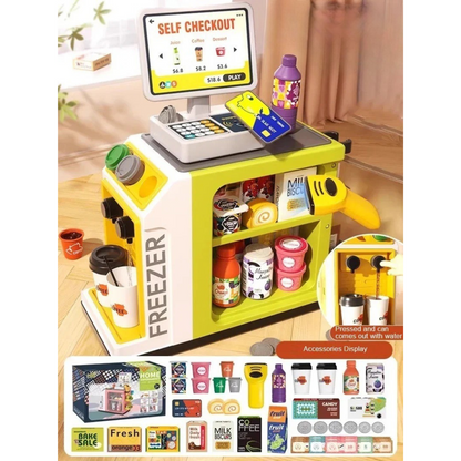 Detailed view of the pretend groceries and accessories included in the Kids Supermarket Play Set