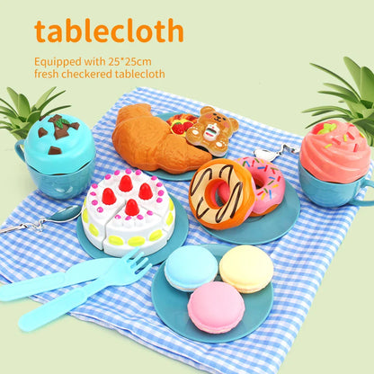 Colorful plastic tea set with cups, saucers, and teapot for children's pretend picnic play.
