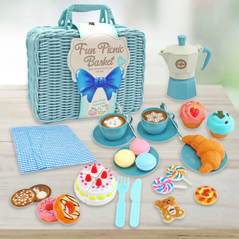 Kids' picnic tea set with various pieces, promoting imaginative play and skill development.