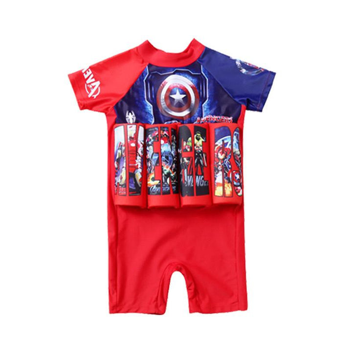 Kids' pool fun float vest, UV sun protection, built-in shorts, promoting water confidence.