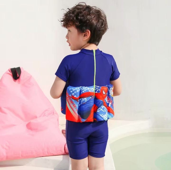 Long sleeve kids' swim float vest with UV protection & built-in shorts for all day beachwear.