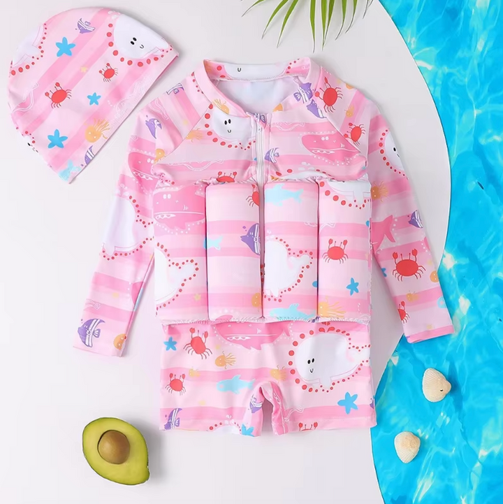 Kids' UV protective float vest with built-in shorts, perfect for pool parties & beach trips.