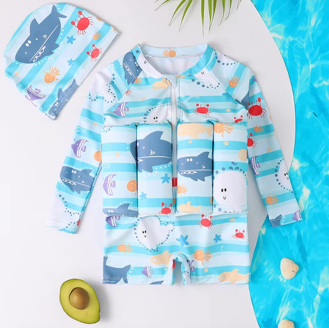 Children's long sleeve swim vest with floats, sun protection, and attached shorts.
