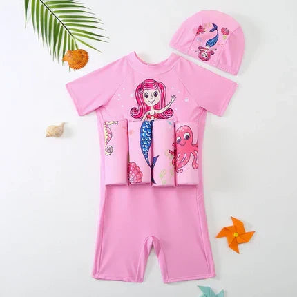 Toddler beachwear float vest, UV sun protection, built-in shorts, for safe water play.
