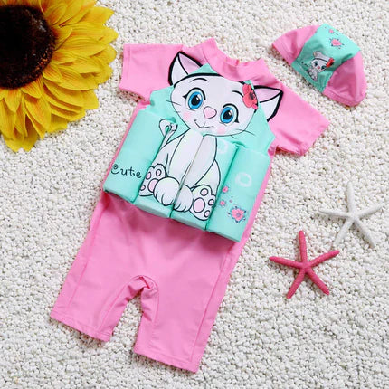 Kids' sun safe swim float vest, long sleeve design, with integrated shorts for maximum protection.