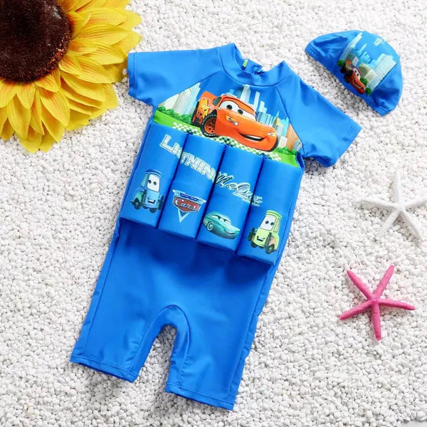 Beachwear for kids: long sleeve swim float vest, UPF sun protection, attached shorts.