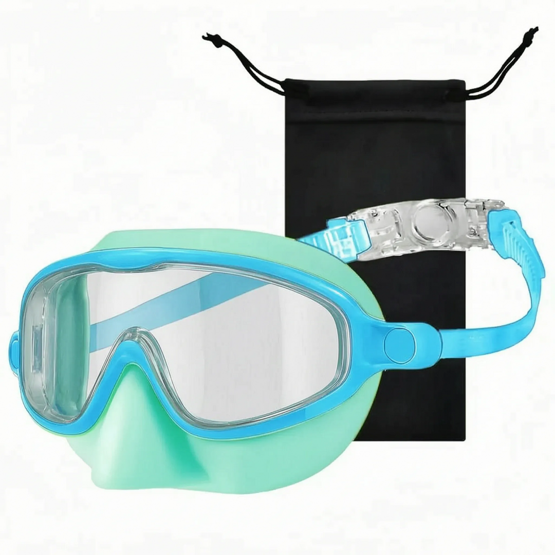 Advanced kids' swim mask with a wide view and comfortable nose cover, perfect for young swimmers.