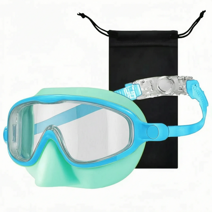 Advanced kids' swim mask with a wide view and comfortable nose cover, perfect for young swimmers.