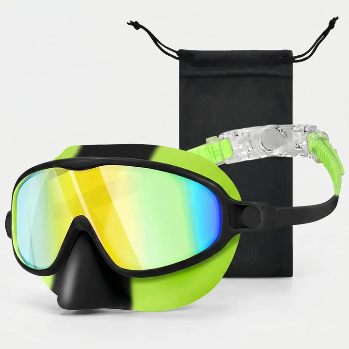Children's swimming mask with soft nose cover, offering a wide view for safe & fun pool activities.