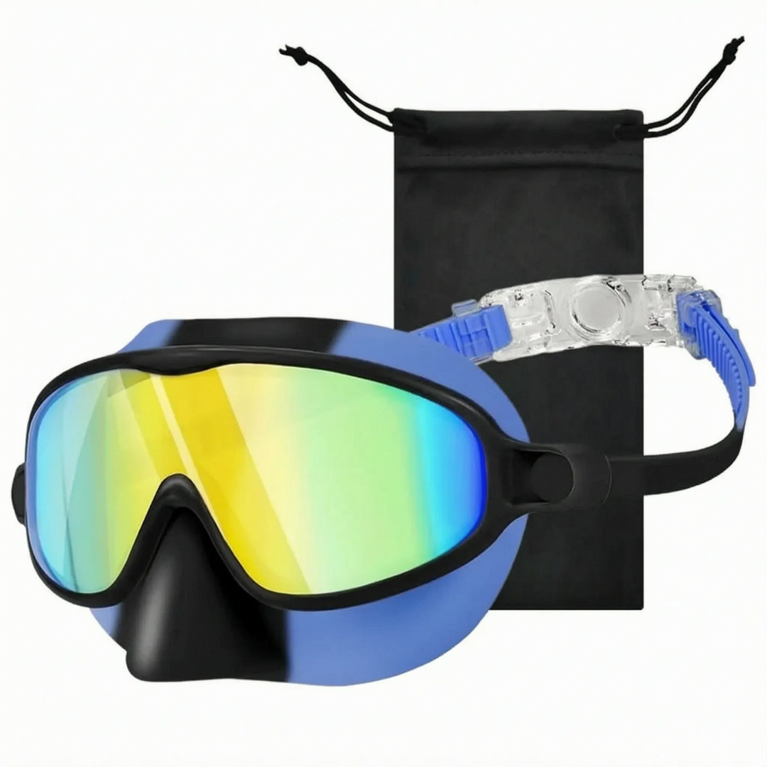 Comfortable kids' swim mask with integrated nose cover for wide view underwater swimming in pools.