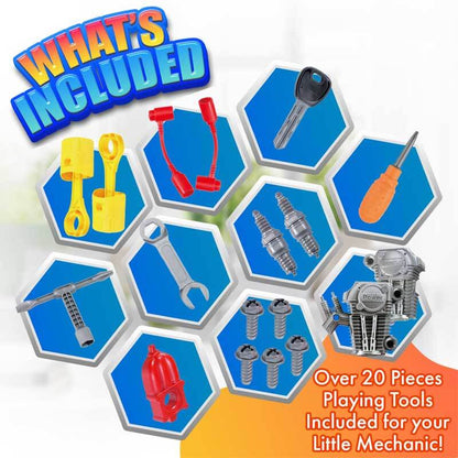 Close-up of child assembling a motorcycle engine building kit, fun educational STEM gift for kids