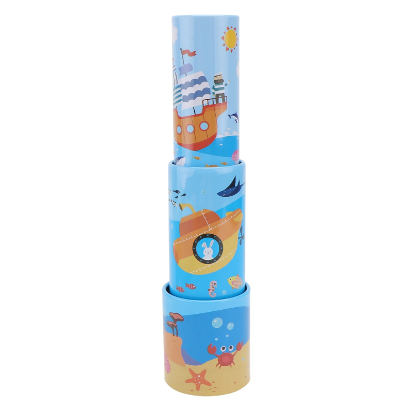 Close-up of a blue ocean-themed spyglass, a durable kids' tin-plated toy telescope for adventure.