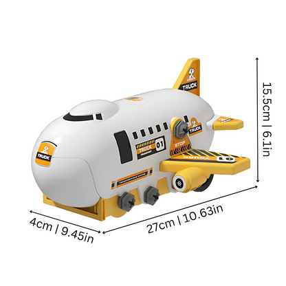 Toddler playing with large toy transport plane featuring police and rescue mini vehicles