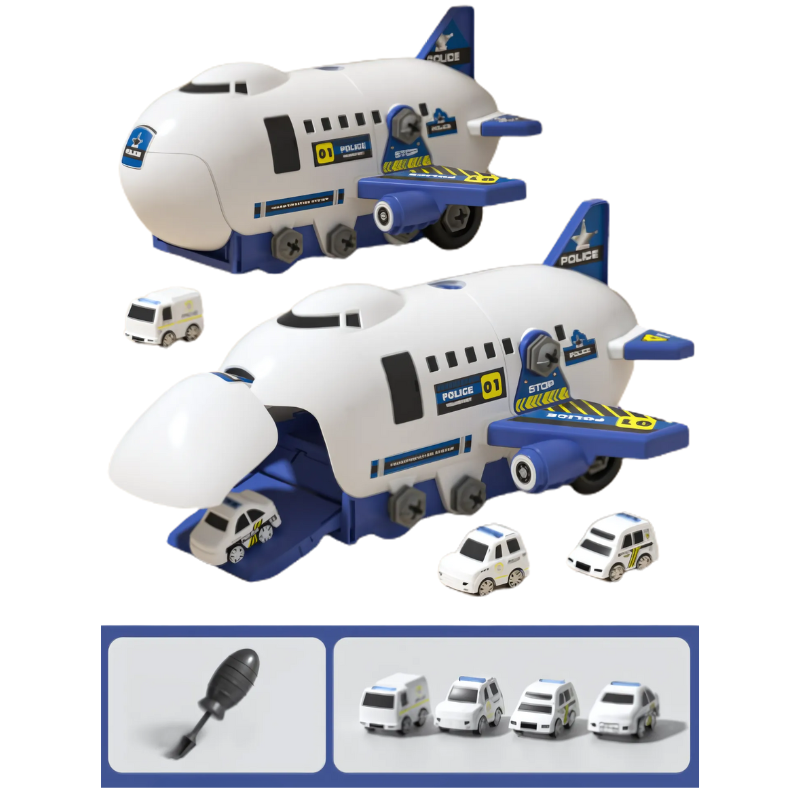 Kids' playset: Titan Transport Plane with mini construction, police, and rescue vehicle toys