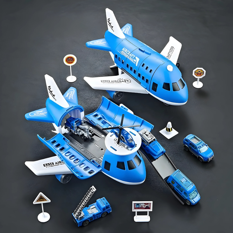 Kids' transforming airplane car toy, blue, in car mode for creative play.
