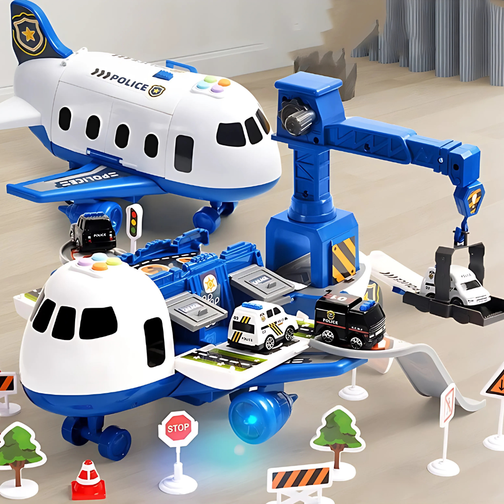 Kids' transforming airplane toy with fun music and storage; perfect for imaginative aviation play.