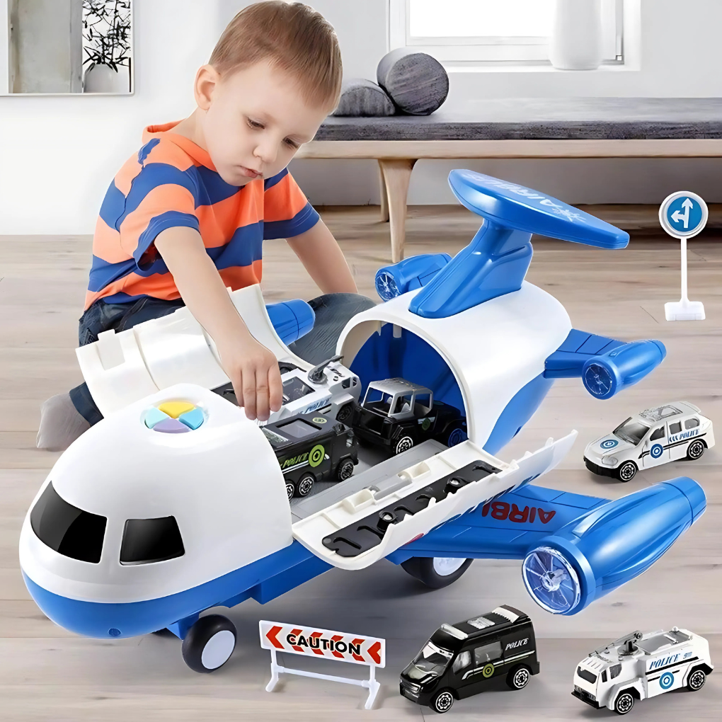 Children's airplane toy with integrated storage for small toys. Musical and transforms for engaging play.