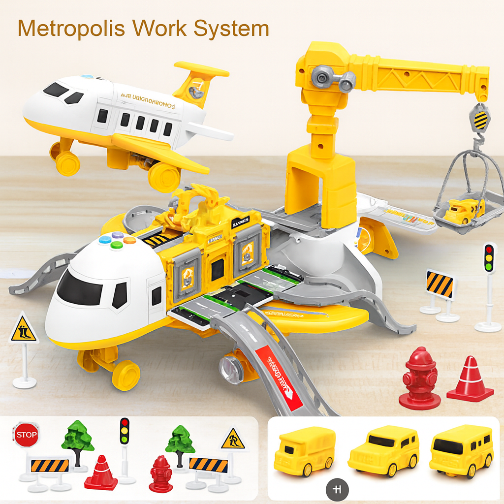 Interactive kids' aviation playset: a transforming airplane toy with music and storage for imaginative adventures.