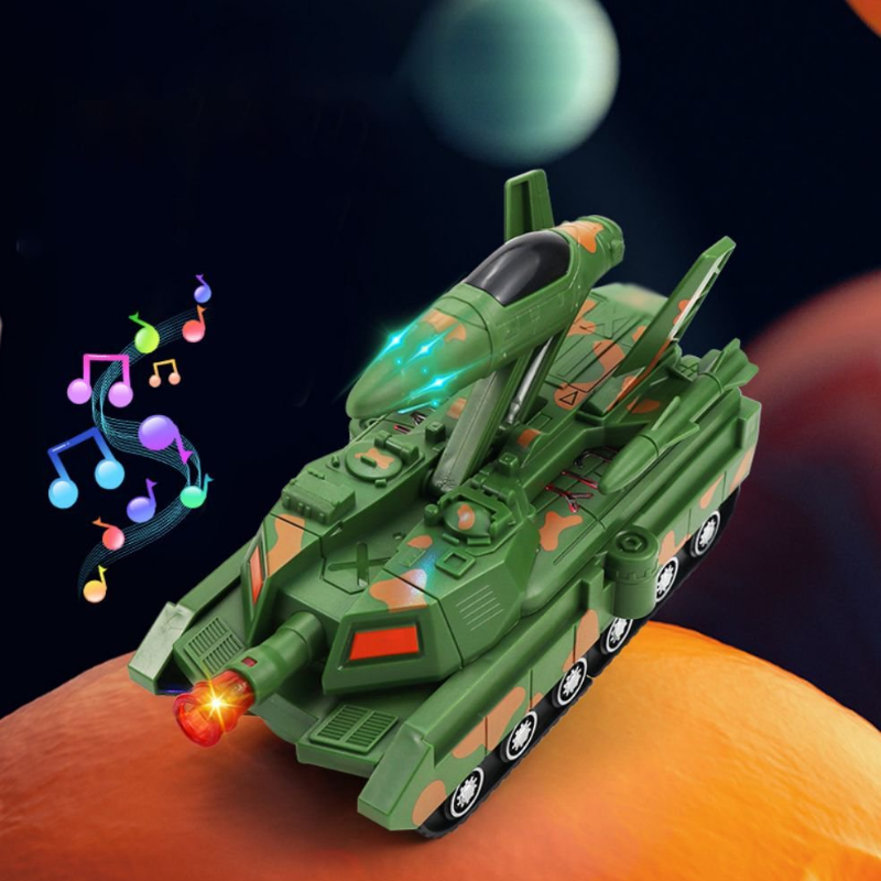 Kids transforming battle tank toy with robot mode, lights, and music for educational playtime