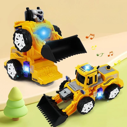 Kids' transforming bulldozer robot toy with vibrant lights & sounds, encouraging active and imaginative play for toddlers.