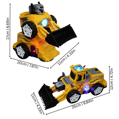 Battery-operated buildobot, a kids' transforming robot toy that converts from bulldozer to robot, perfect for preschool education.