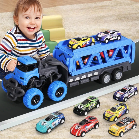 Kids' transforming car carrier truck playset, large toy vehicle with mini cars, imaginative play for boys and girls.