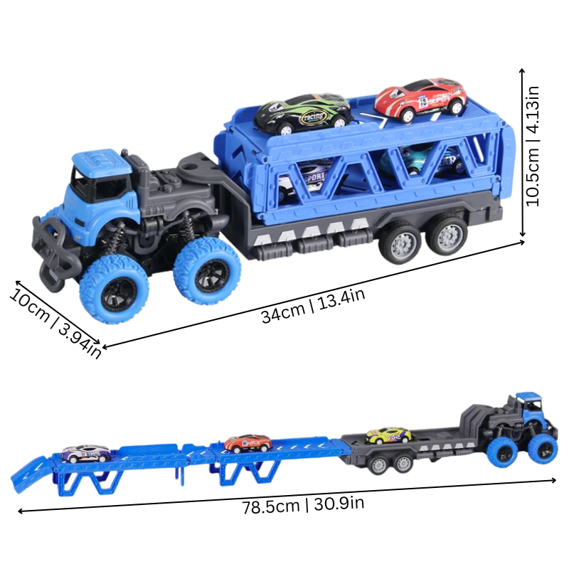 Transforming car carrier playset for kids, truck opens into ramp, includes several colorful toy cars, preschool toy.