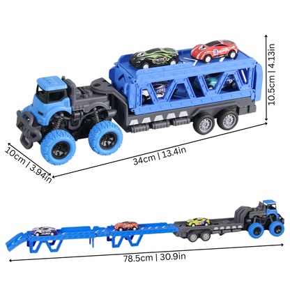 Transforming car carrier playset for kids, truck opens into ramp, includes several colorful toy cars, preschool toy.