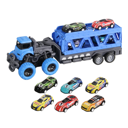 Kids' toy transforming truck and car carrier, multi-level design for toy cars, promotes imaginative play, durable plastic.