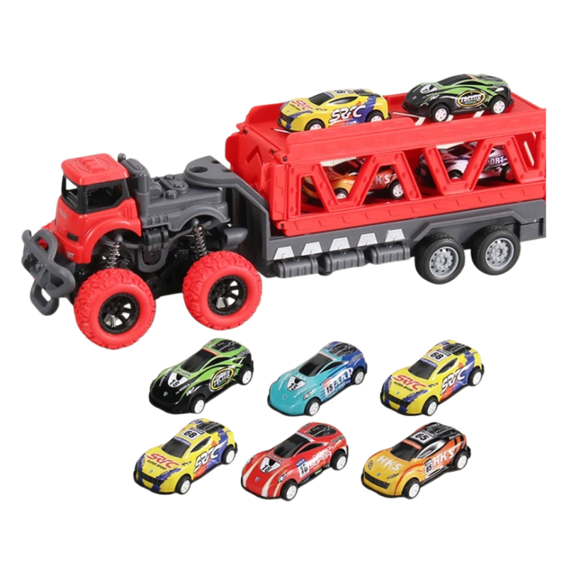 Car carrier truck playset for kids, transforms from truck to car ramp, includes small toy vehicles, ideal for young children.