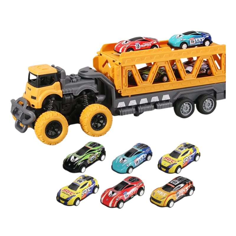 Boys and girls transforming car carrier toy, large truck with storage for included toy cars, engaging imaginative play.