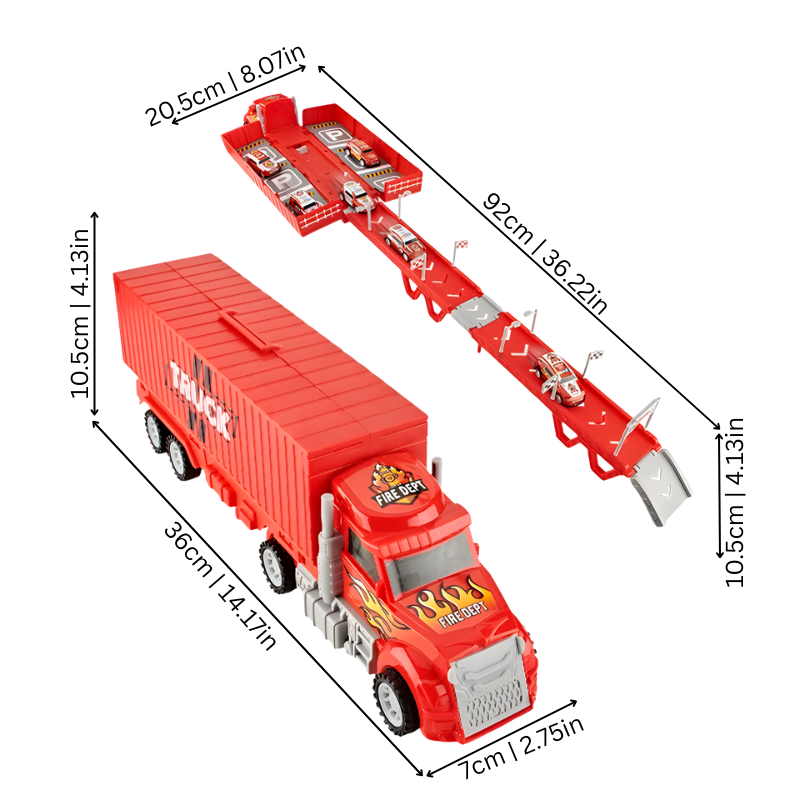 Close-up of the transforming carrier truck toy, extended with multiple vehicle playset accessories for kids