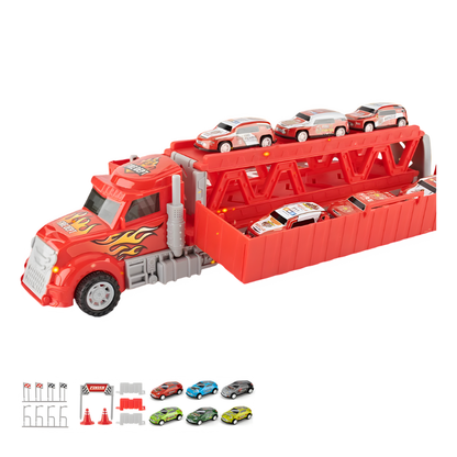 Transforming toy truck playset for kids, featuring vibrant colors and multiple toy vehicles suitable as a gift