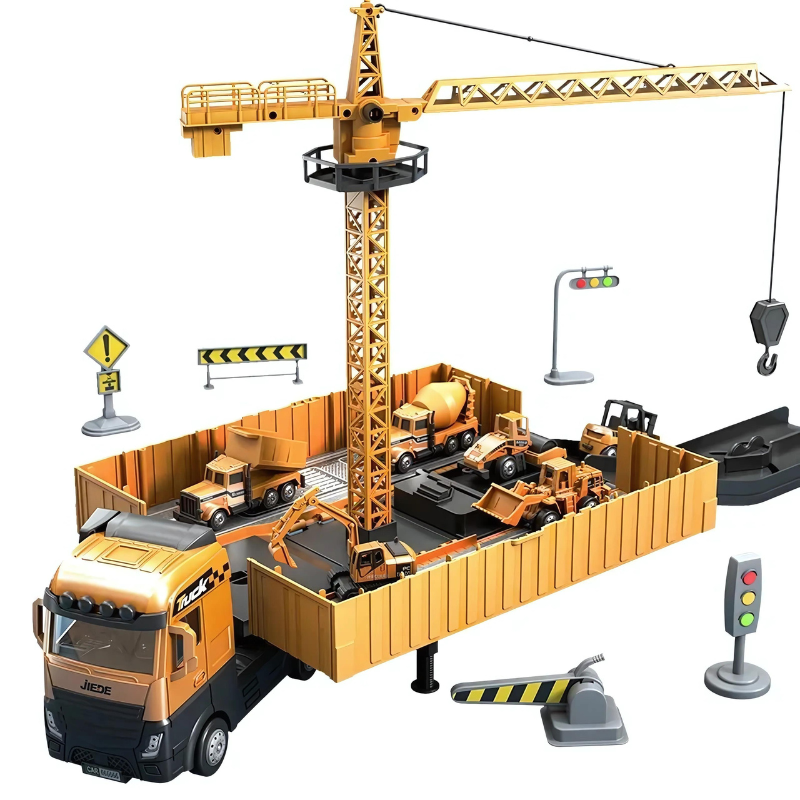Kids' transforming construction playset with yellow truck, excavator, and crane, fostering interactive building play