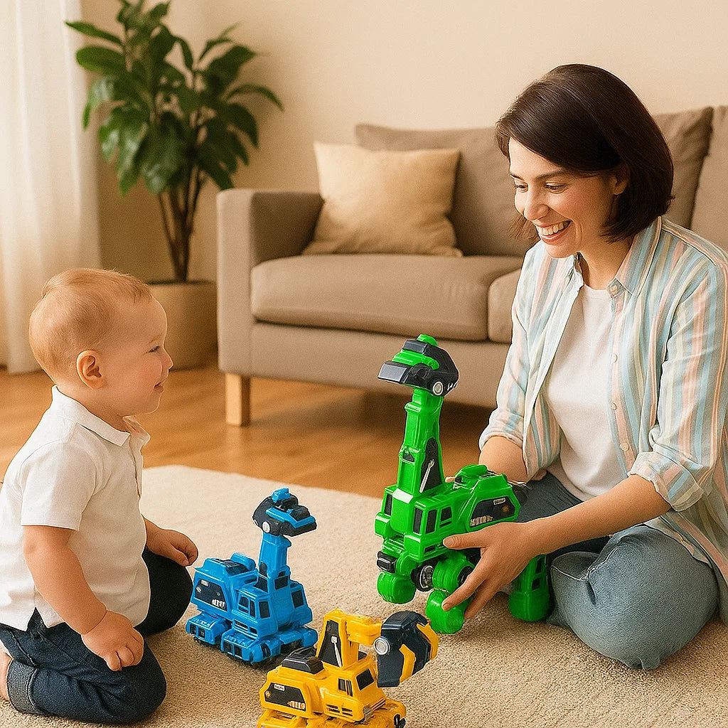 Kids' transforming dinosaur car toy, blue and yellow, in robot mode for creative play.