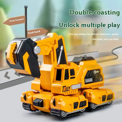 Close-up of a transforming dinosaur toy for kids, showing intricate details in car mode.