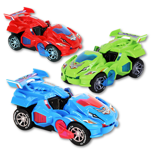 Kids' transforming dinosaur race car toy with LED lights, sounds, and dino teeth
