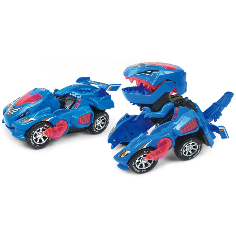 Interactive kids' dinosaur race car toy in motion, transforming from car to dino mode