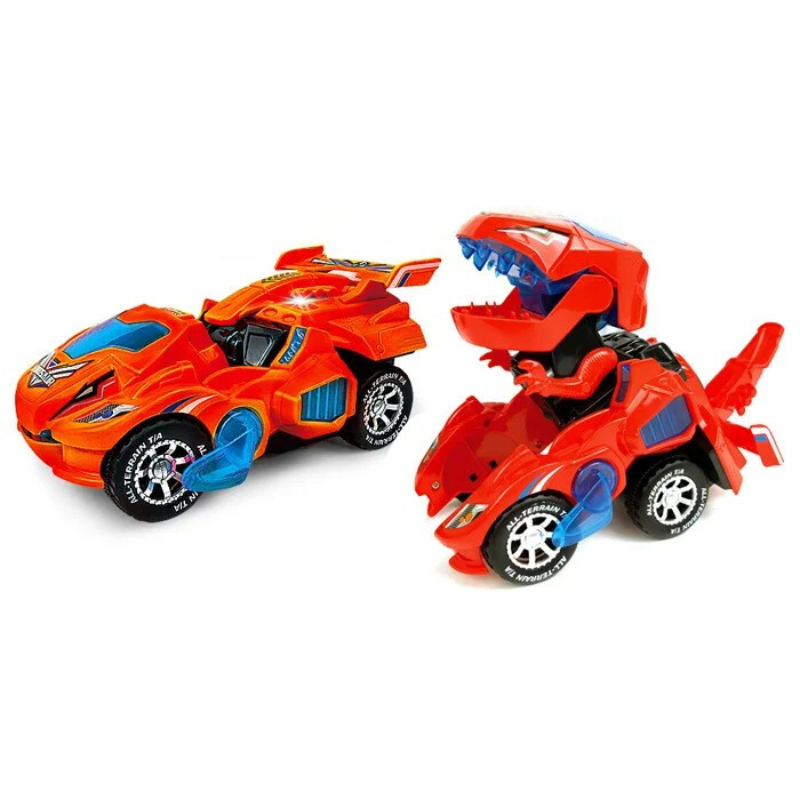 Close-up of transforming dinosaur race car toy showing intricate details and bright lights